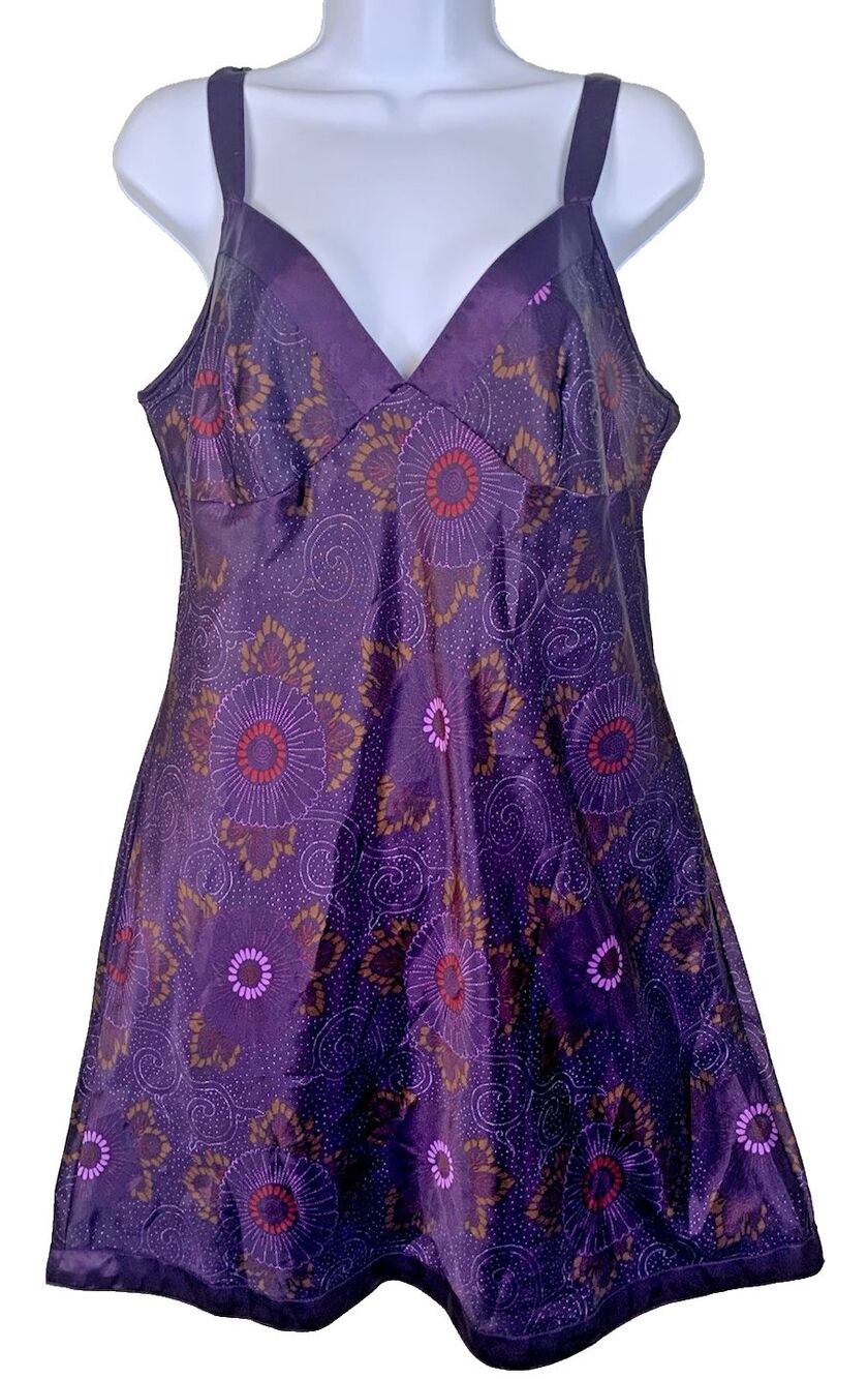 Purple Floral Baby Doll Slip Dress Nightgown Romantic Chanteuse Women's Size M